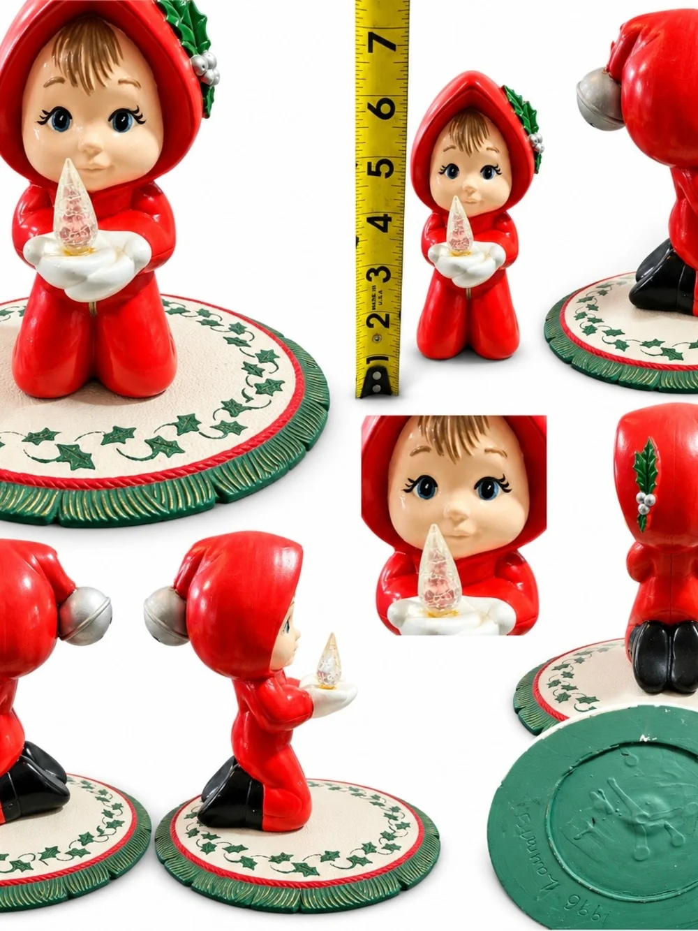 Red Hooded Vintage-Style Ceramic Figurine Holding Candle